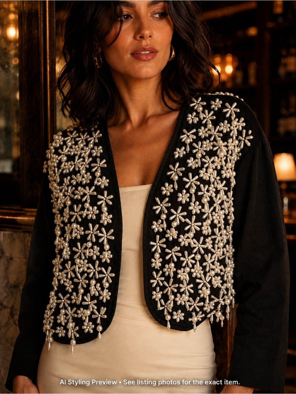 Vintage Cinemode Pearl Beaded Floral Jacket Black Cropped Statement L